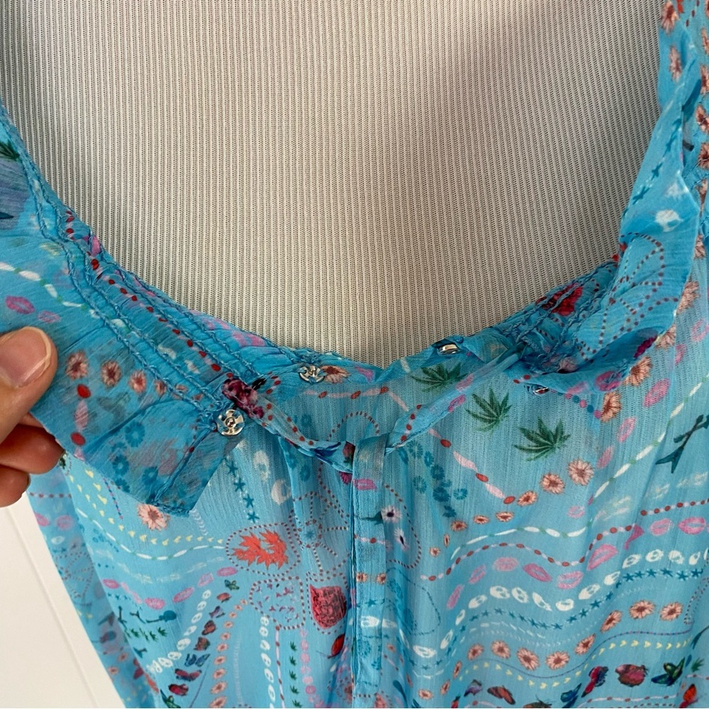Zadig & Voltaire Tutti Print Psyche  Ruffle Sheer Top SZ XS Blue Novelty Print - Picture 15 of 16